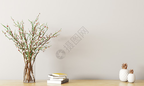 墙壁装饰,木架与花枝花瓶,春天内部背景三维渲染背景图片