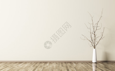 空房间内部背景,白色花瓶与树枝木地板上三维渲染背景图片