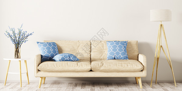 现代室内的客厅米色沙发,落地灯花瓶与花枝三维渲染图片