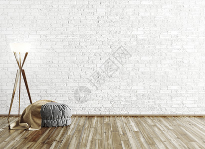 灰色脚凳覆盖棕色格子落地灯砖墙上,房间内部背景3D渲染图片