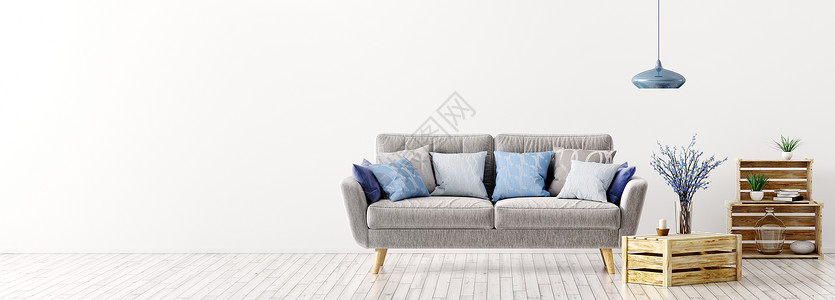 现代室内与灰色沙发蓝色靠垫白色墙壁全景三维渲染背景图片