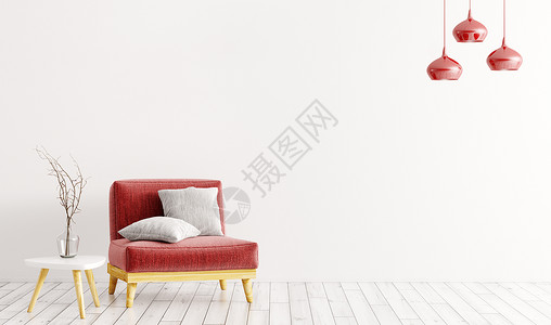 内部与扶手椅,茶几灯具三维渲染客厅内部红色天鹅绒扶手椅,灰色靠垫,木制咖啡桌,花瓶白色墙壁上三维渲染背景图片