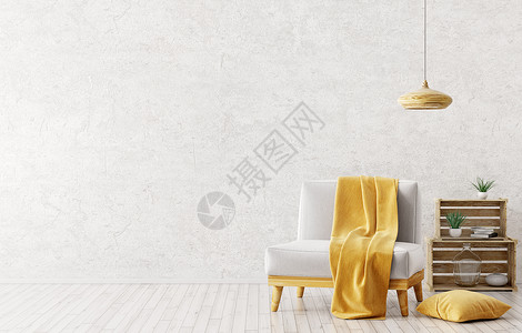 现代室内的客厅与白色扶手椅,黄色格子,木制灯盒子上方灰色灰泥墙三维渲染背景图片