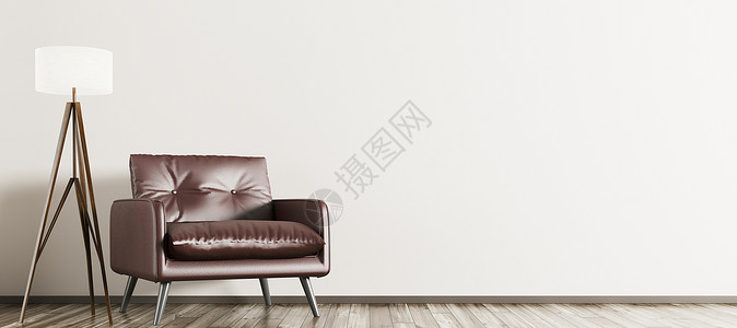 客厅内部木制落地灯棕色扶手椅,全景三维渲染背景图片