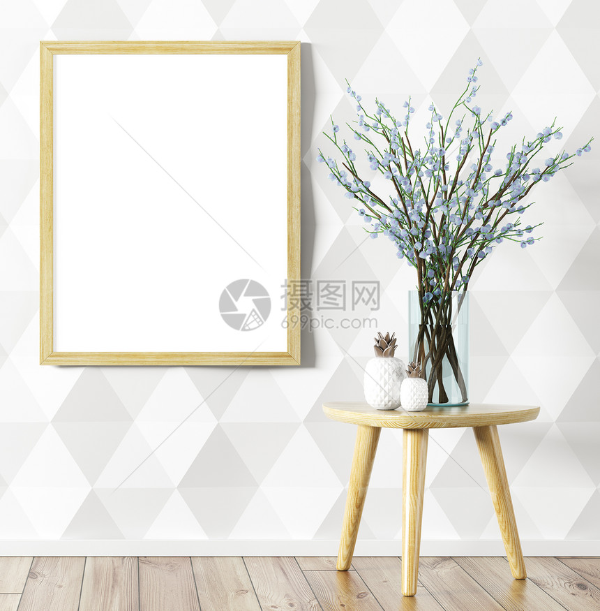 房间内部背景,模拟海报璃花瓶与花枝桌子上白色镶板墙,3D渲染图片