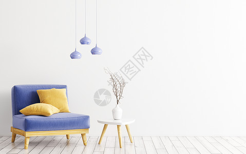 客厅内部蓝色天鹅绒扶手椅,黄色靠垫,木制咖啡桌,花瓶灯白色墙壁上三维渲染背景图片