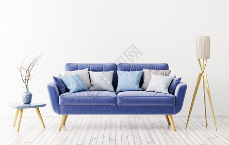 客厅现代室内,蓝色沙发,落地灯花瓶,花糠三维渲染图片