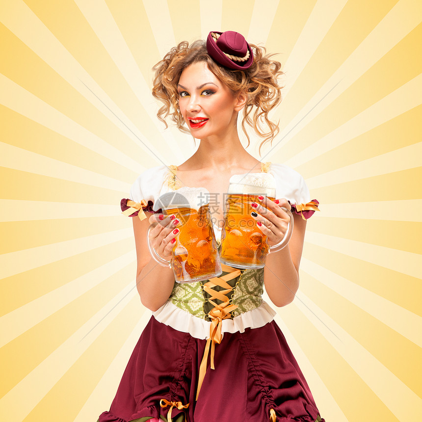 漂亮感的啤酒节女服务员,穿着传统的巴伐利亚连衣裙,五颜六色的抽象卡通风格背景下,酒馆里供应两个大啤酒杯图片