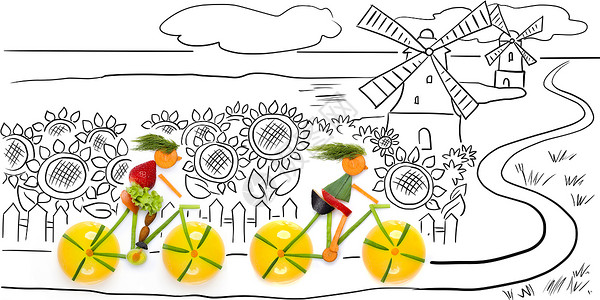 水果蔬菜形状的妇女骑自行车图片