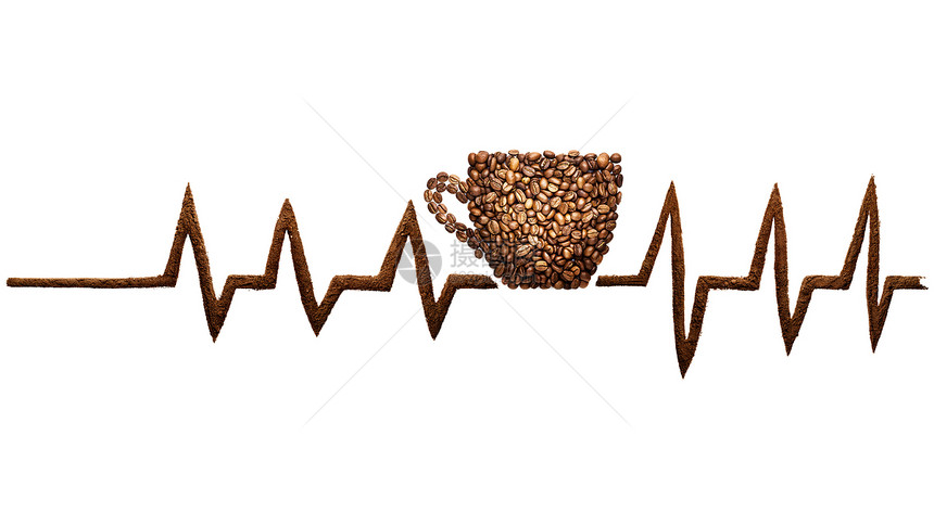 创意静物照片的咖啡杯脉冲线疯狂的咖啡豆白色图片