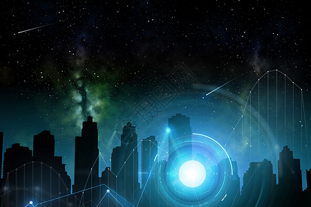 未来技术说明未来主义城市摩天大楼夜空背景全息图未来的城市超过全息图图片