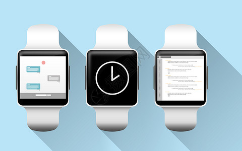 现代技术,象媒体智能手表与应用屏幕上的蓝色背景智能手表与应用程序图片