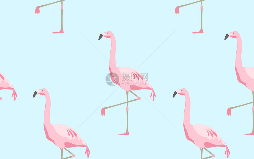 插图,动物鸟类的无缝图案与粉红色火烈鸟蓝色背景蓝色背景上火烈鸟的无缝图案图片