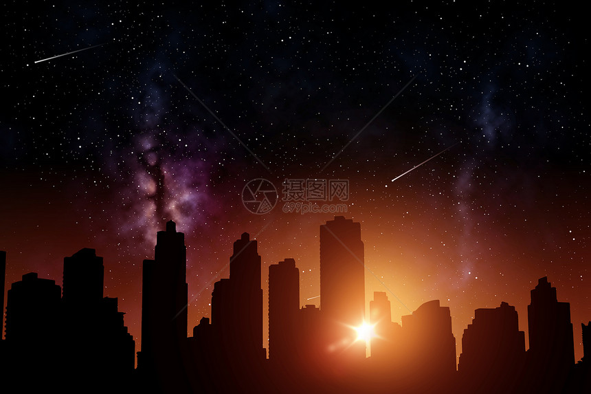 未来未来主义城市摩天大楼日出的夜空背景未来主义的城市摩天大楼太空日出之上图片
