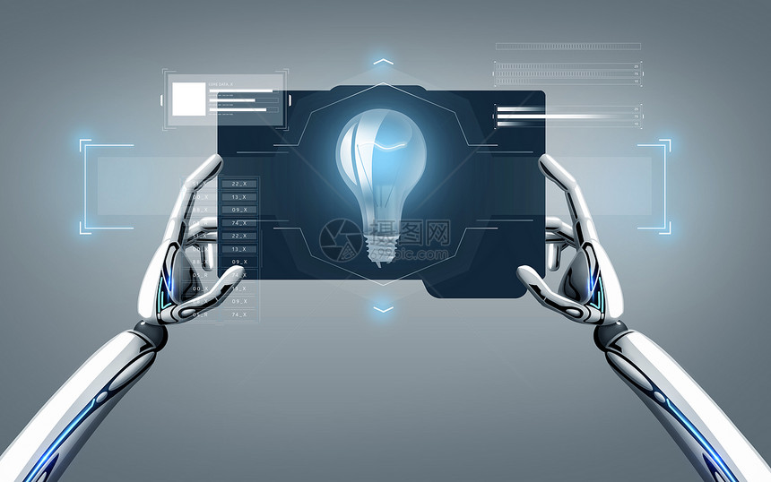 科学未来的技术机器人手与灯泡平板电脑屏幕上的灰色背景机器人手与灯泡平板电脑上图片