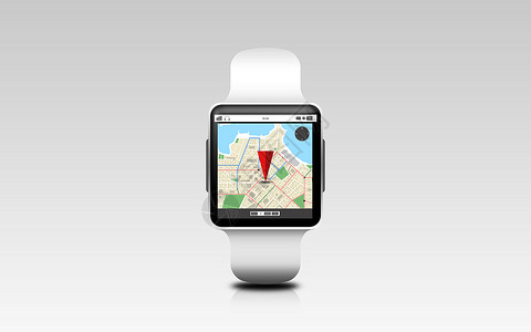 智能腕表现代技术,象,位置导航说明智能手表与GPS导航屏幕上的灰色背景带GPS导航仪的智能手表插图背景