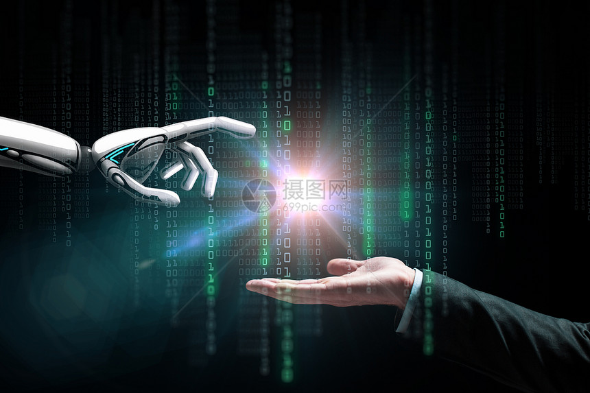 人工智能,未来技术商业机器人人手与闪光灯进制代码黑色背景机器人人手闪光灯进制代码图片
