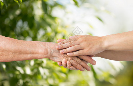 人,龄慈善亲密的老轻妇女牵手绿色的自然背景亲密的老人轻的女人牵手图片