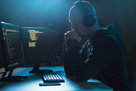 网络犯罪黑客技术男黑客戴着耳机窃听背景图片