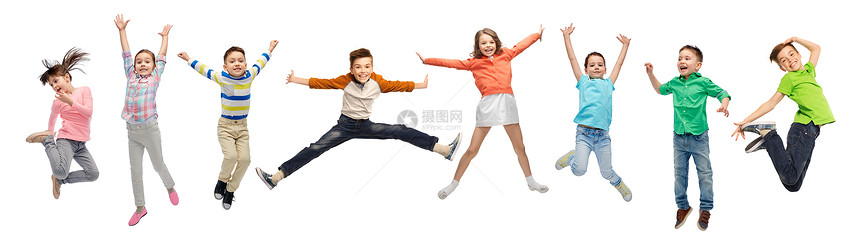 快乐,童,自由,运动人的快乐的孩子白色背景下空中跳跃快乐的孩子们白色背景上跳跃快乐的孩子们白色背景上跳图片