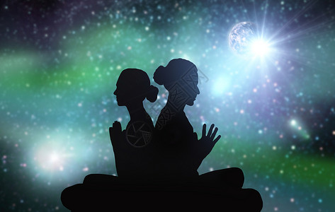 酷炫能量星星瑜伽,正念谐黑色轮廓的夫妇冥想背景夫妇太空冥想的黑色轮廓夫妇太空冥想的黑色轮廓背景