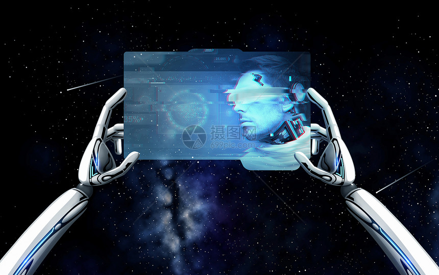科学未来的技术机器人手与Cyborg图像平板电脑屏幕上的背景机器人手与Cyborg平板电脑上的机器人图片