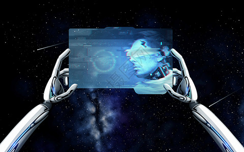 安卓平板科学未来的技术机器人手与Cyborg图像平板电脑屏幕上的背景机器人手与Cyborg平板电脑上的机器人设计图片