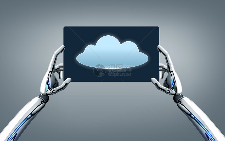 科学,未来技术计算机器人手与云图像平板电脑屏幕上的灰色背景机器人手与云图平板电脑屏幕上机器人手与云图平板电图片