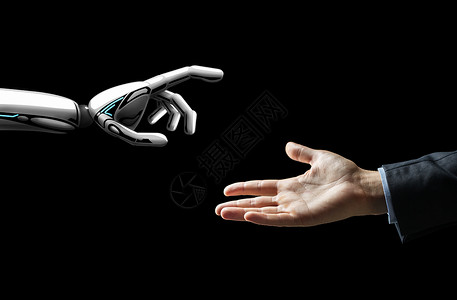 人工智能,未来技术通信机器人人类移交黑色背景机器人人类的手闪过黑色的光机器人人类的手闪过黑色的光设计图片