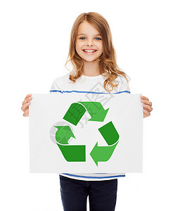 废物回收,再利用,环境生态快乐女孩与绿色回收符号图片纸上白色背景女孩纸上绿色回收符号的图片背景图片