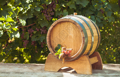 葡萄酒叶户外桌子上酒的木桶酒庄文化木桶背景