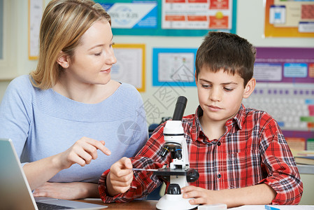 科学课用显微镜的男学生老师背景图片