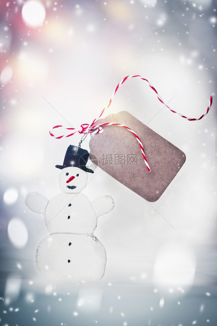 快乐的雪人与标签模拟丝带雪冬的背景寒假卡图片