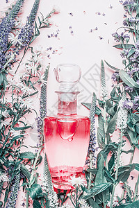 香水瓶与植物花卉,顶部视图香水,化妆品,植物香味图片