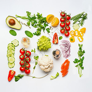 各种沙拉蔬菜成分白色背景,顶部视图,平躺健康清洁饮食饮食饮食图片