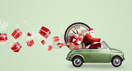 诞节倒计时来诞老人汽车上送新礼物时钟绿色背景汽车上的诞老人倒计时图片