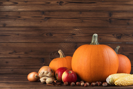 秋收生活与南瓜,苹果,榛子,玉米,生姜,洋葱肉桂木制背景木桌上的秋收图片
