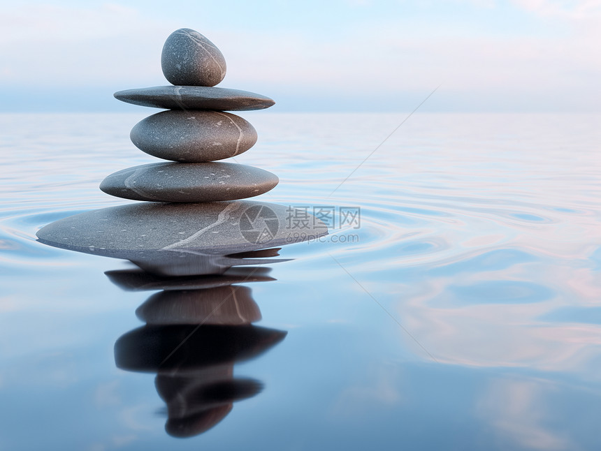 三维渲染水中禅石与反射平平衡冥想放松平衡的禅宗石头水中图片