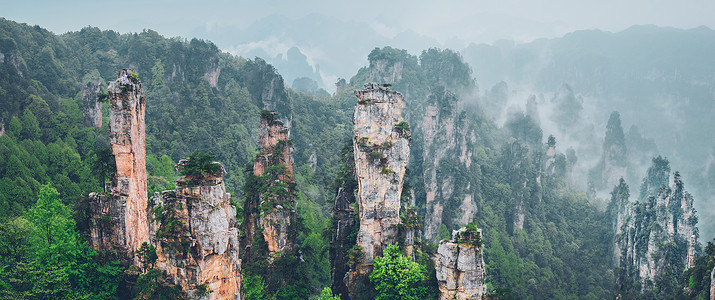 岩石和雾中国著名的旅游景点张家界石柱崖山雾云中,湖南武陵源,中国张家界山脉,中国背景