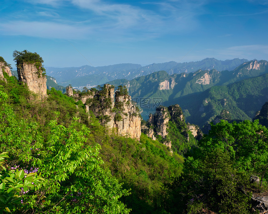 中国著名的旅游景点张家界石柱崖山日落湖南武陵源张家界山脉,中国图片