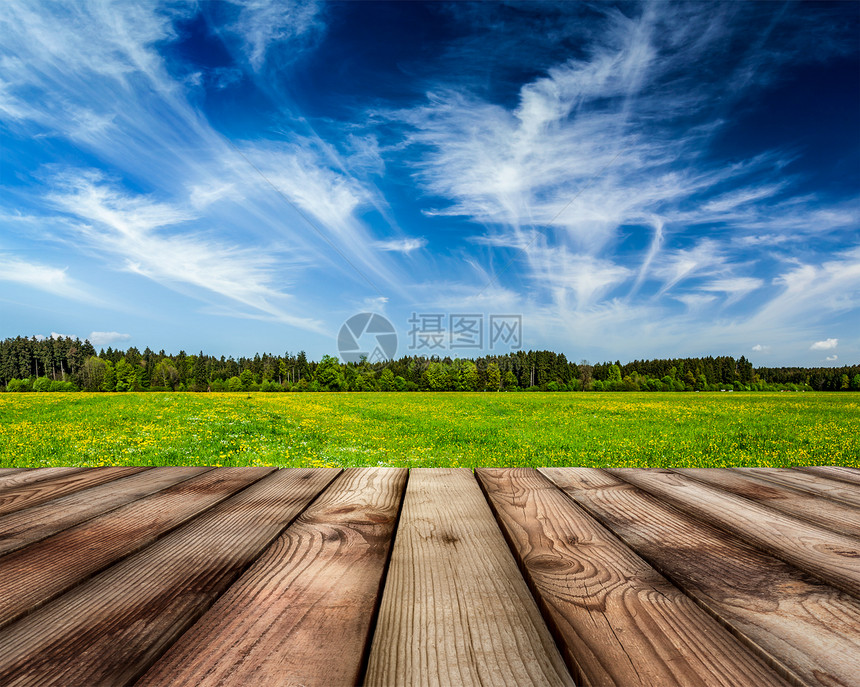 木制木板地板,平静的夏季草地背景下木制木板地板夏季草地图片