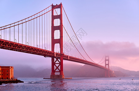 雾锁金门桥电缆金色的高清图片