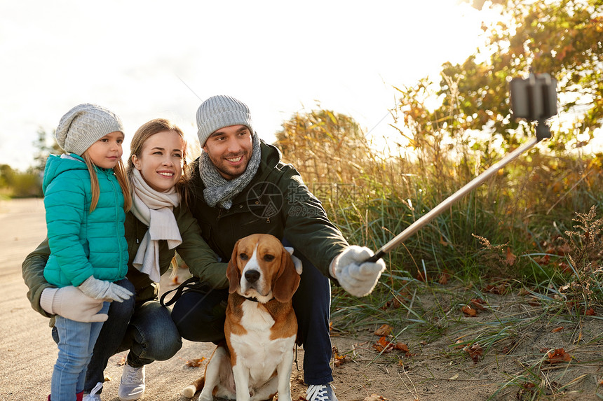 家庭,宠物人的快乐的母亲,父亲小女儿与比格犬智能手机上拍照户外自拍杆秋天秋天狗自拍的幸福家庭图片