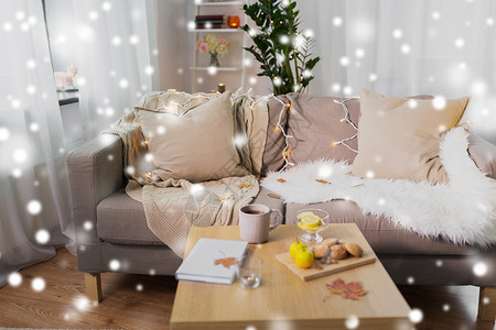 舒适的家,潮湿诞节的咖啡,饼干,桌子上的书缓冲沙发客厅雪上舒适的家装饰诞节雪背景图片