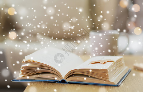 冬天,文学阅读打开书与秋叶木桌上家里的雪书上秋叶,桌子上雪图片