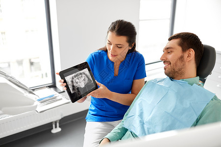 女牙医向病人展示全景牙科射线平板电脑背景图片