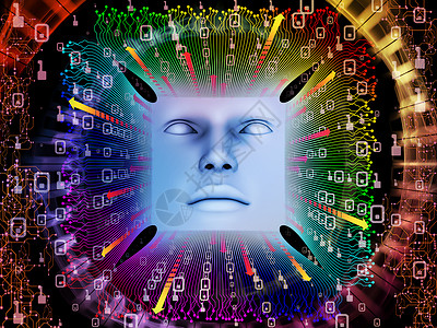 智能人脸人工智能系列以类人工智能计算机意识技术为,人脸计算机元素进行三维插图的抽象背景