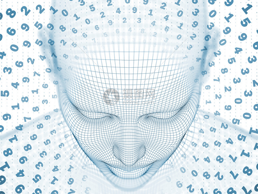 三维渲染心场系列丝网人模型头部的背景人工智能科学技术插图的分形图案图片