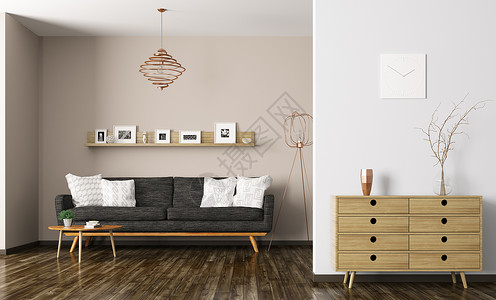 现代室内客厅与黑色沙发抽屉箱三维渲染图片