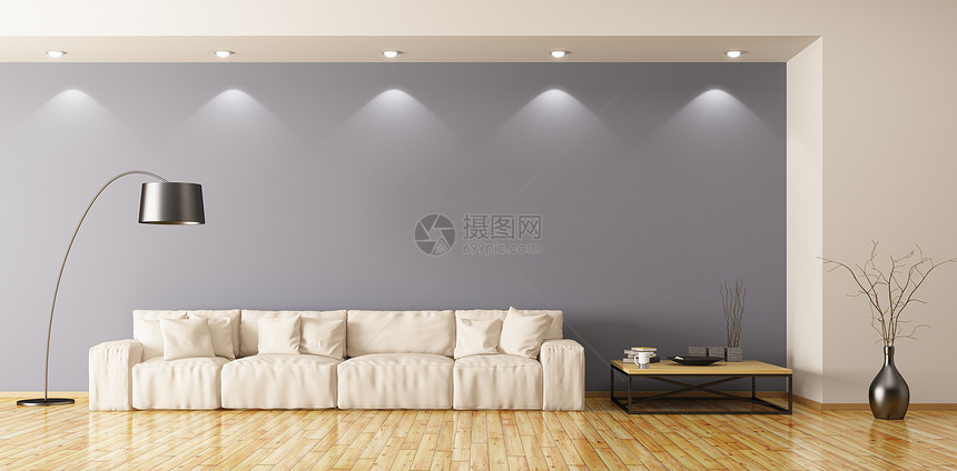 现代室内客厅,米色沙发,落地灯茶几三维渲染图片